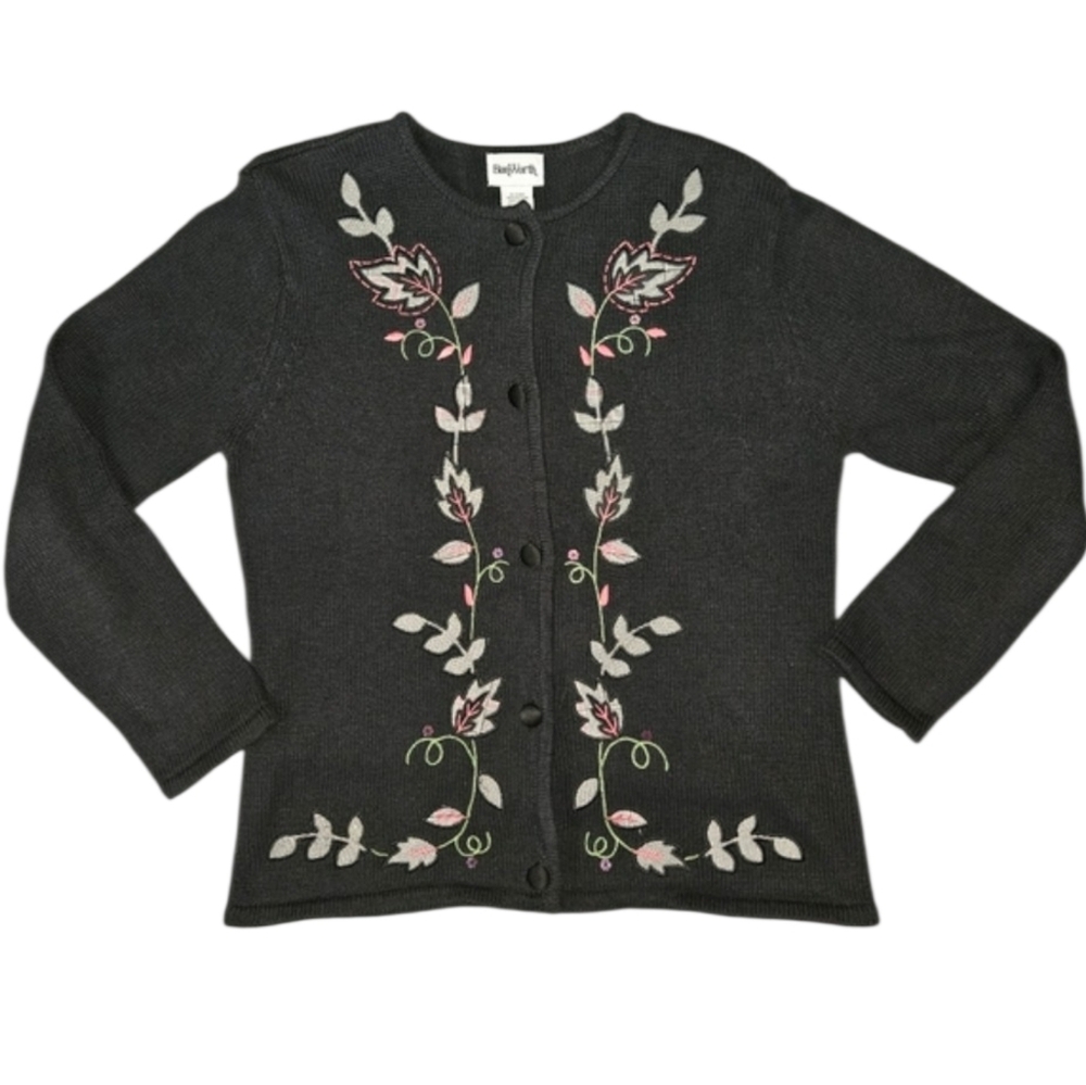 Vintage Bon Worth Sweater Cardigan Petite Small Black Classic Button Front
